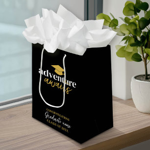 Adventure Awaits - Name Cap Black Gold Graduation Medium Gift Bag