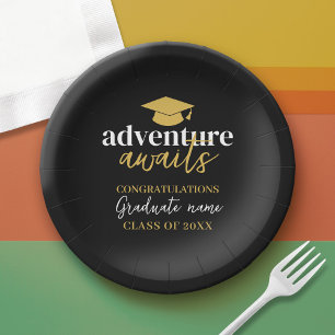 Adventure Awaits - Name Cap Black Gold Graduation Paper Plates