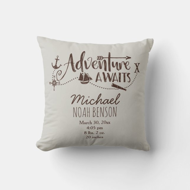 "Adventure Awaits" Nautical Birth Stats Throw Pillow (Front)