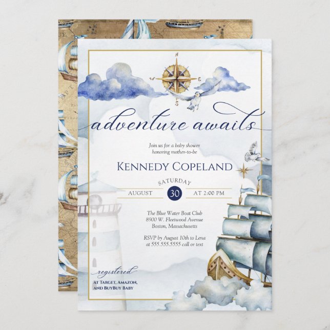 Adventure Awaits - Nautical Dream Ship Baby Shower Invitation (Front/Back)