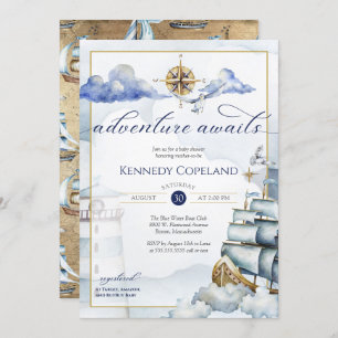 Adventure Awaits - Nautical Dream Ship Baby Shower Invitation