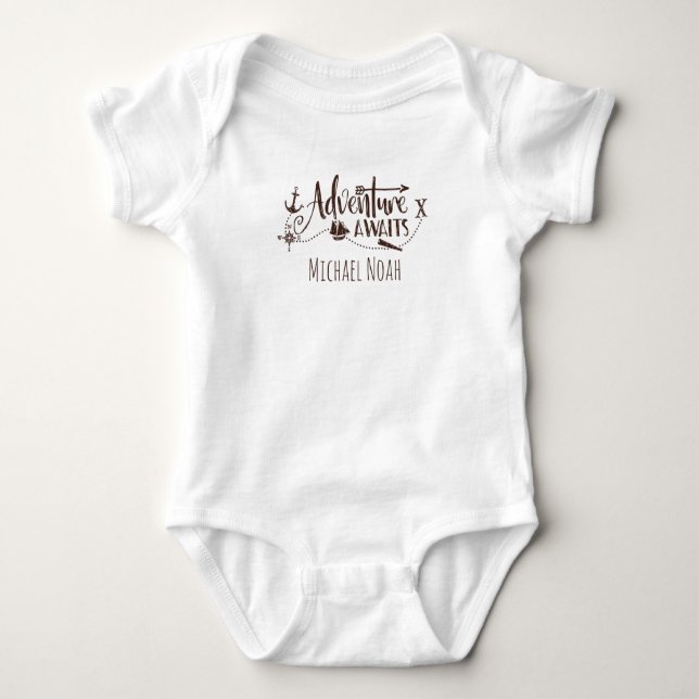 "Adventure Awaits" Nautical Personalized Baby Bodysuit (Front)