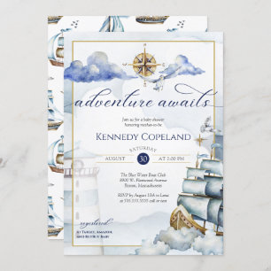 Adventure Awaits Nautical Sailing Ship Baby Shower Invitation