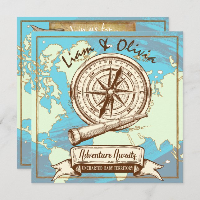 Adventure Awaits Nautical| Travel Rustic Invitation (Front/Back)