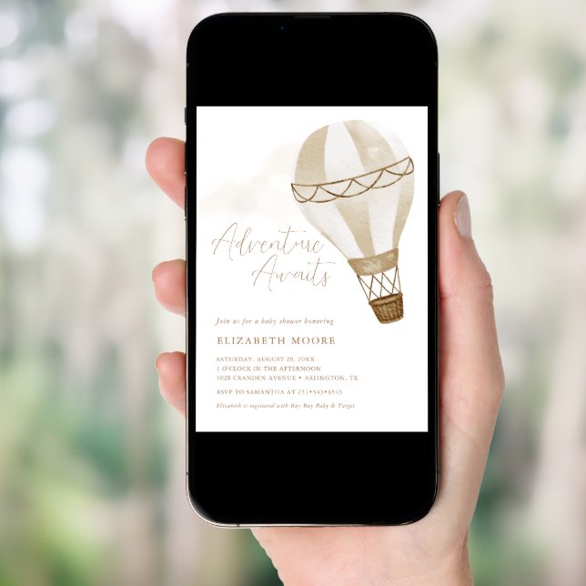 Adventure Awaits Neutral Balloon | Baby Shower Invitation (Front Digital)