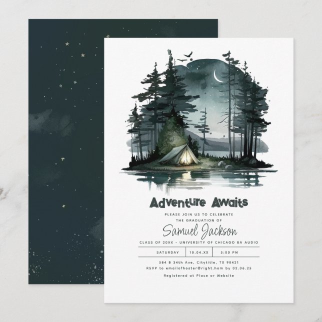 Adventure Awaits Night Sky Nature Graduation Party Invitation (Front/Back)