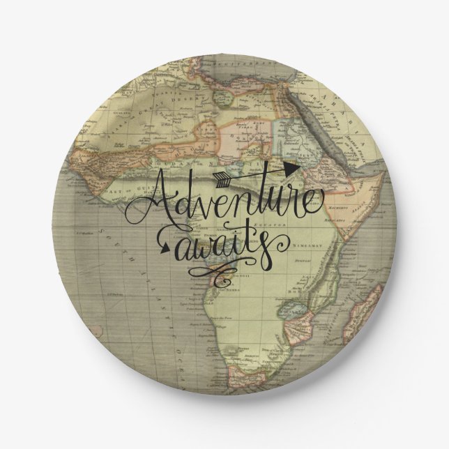Adventure Awaits Old World Map Paper Plates (Front)