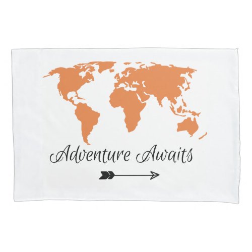 Adventure Awaits Orange World Map Pillow Case