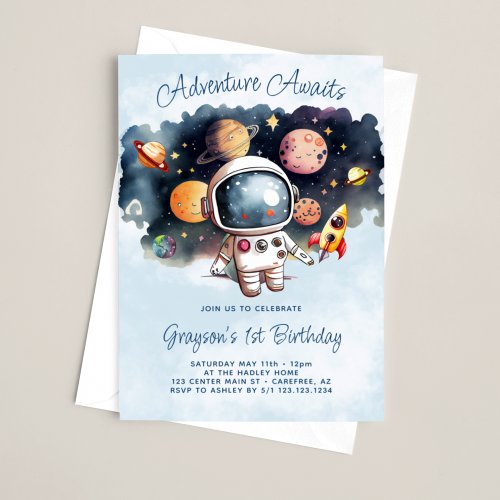 Adventure Awaits Outerspace 1st Birthday Invitation