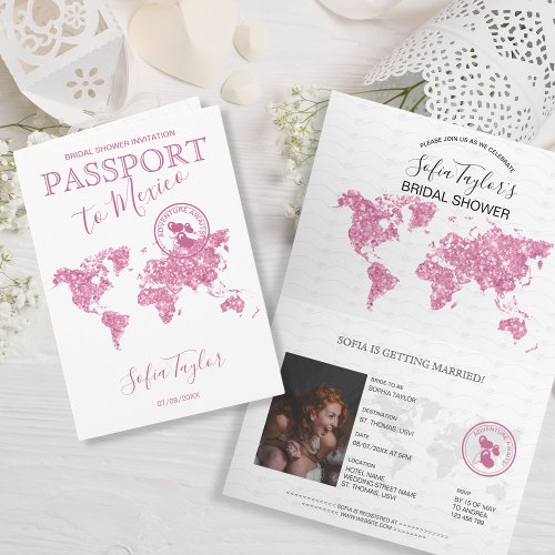 Adventure Awaits Passport Map Travel Bridal Shower Invitation