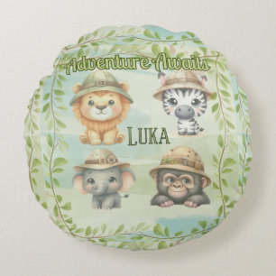 Adventure Awaits Personalize Safari Woodlands  Round Pillow
