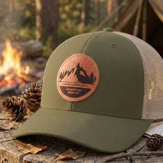Adventure Awaits Personalized Mountain Name Rustic Leather Patch Hat