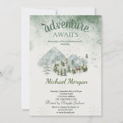 Adventure Awaits Pine Tree Forest Green Retirement Invitation