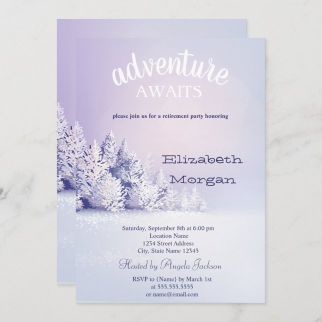 Adventure Awaits Pine Tree Forest  Snow Retirement Invitation (Front/Back)
