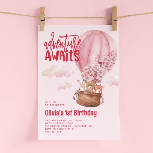 Adventure Awaits Pink and Red 1st Birthday Invitation