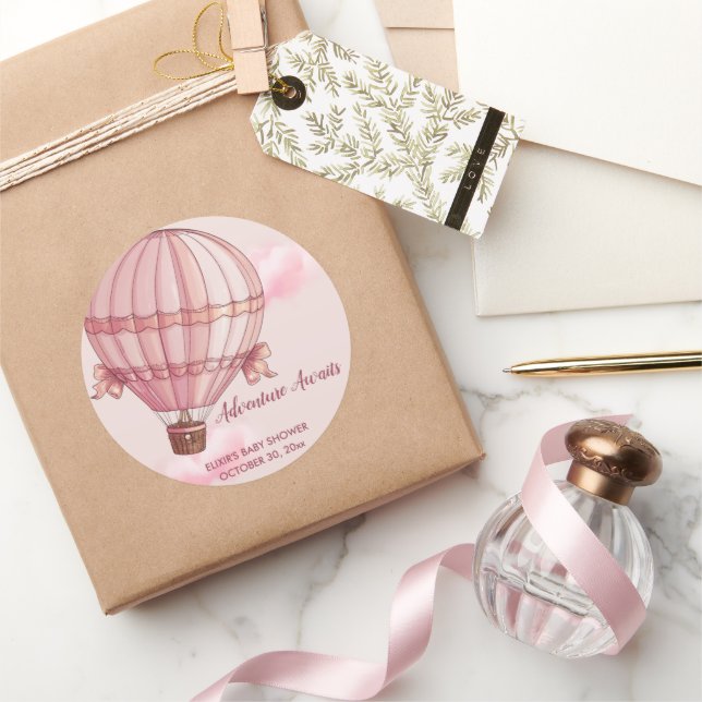 Adventure Awaits Pink Hot Air Balloon Baby Shower Classic Round Sticker (Gifting)