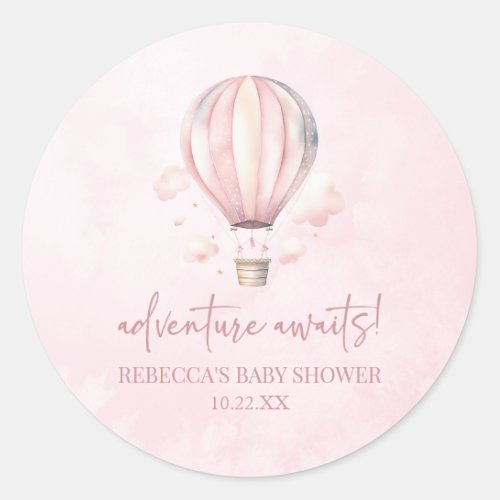 Adventure Awaits Pink Hot Air Balloon Baby Shower Classic Round Sticker