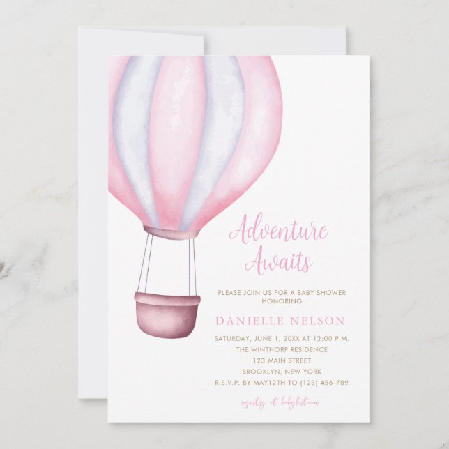 Adventure Awaits Pink Hot Air Balloon Baby Shower Invitation (Front)