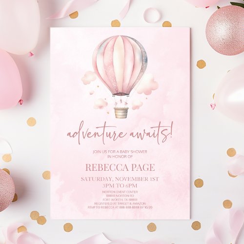 Adventure Awaits Pink Hot Air Balloon Baby Shower Invitation