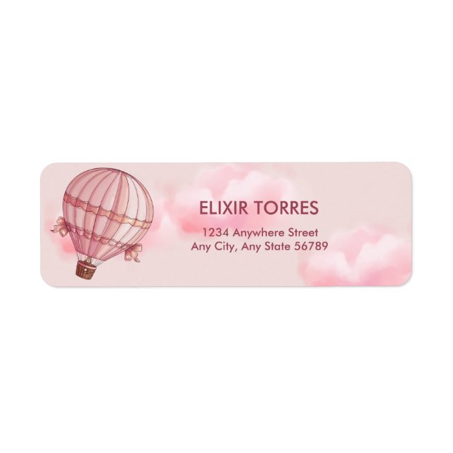 Adventure Awaits Pink Hot Air Balloon Baby Shower Label (Front)