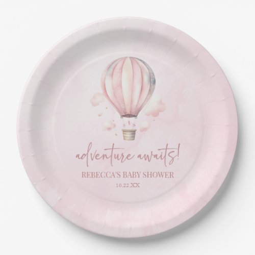 Adventure Awaits Pink Hot Air Balloon Baby Shower Paper Plates