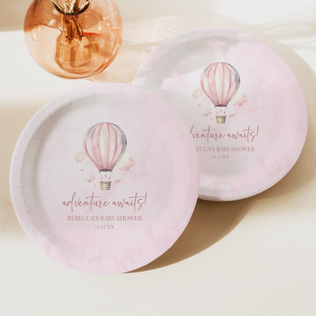 Adventure Awaits! Pink Hot Air Balloon Baby Shower Paper Plates (Creator Uploaded)