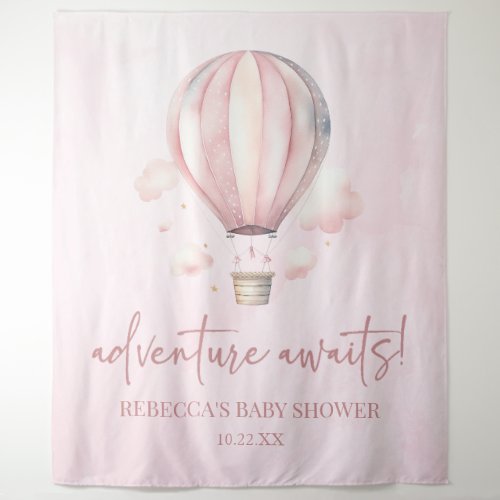 Adventure Awaits Pink Hot Air Balloon Baby Shower Tapestry