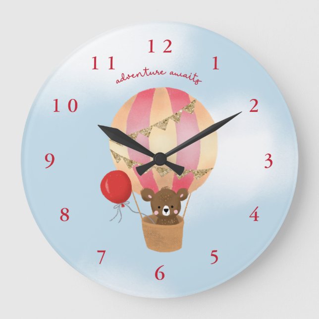 adventure awaits pink hot air balloon nursery room large clock (Front)