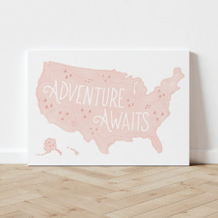 Adventure Awaits Pink US Map Canvas Print