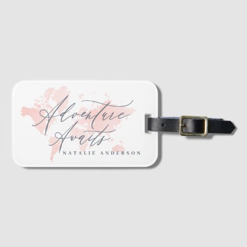 Adventure awaits pink watercolor world map luggage tag
