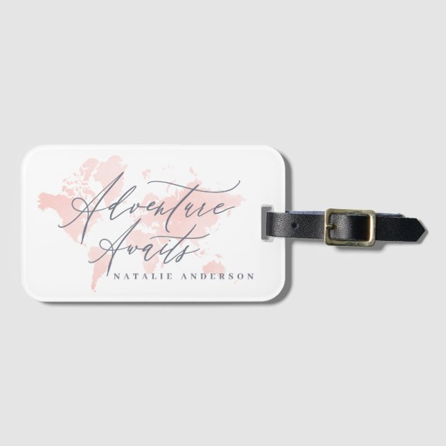 Adventure awaits pink watercolor world map luggage tag (Front Horizontal)
