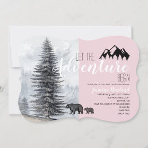 Adventure Awaits Pink Woodland Bears Baby Shower Invitation