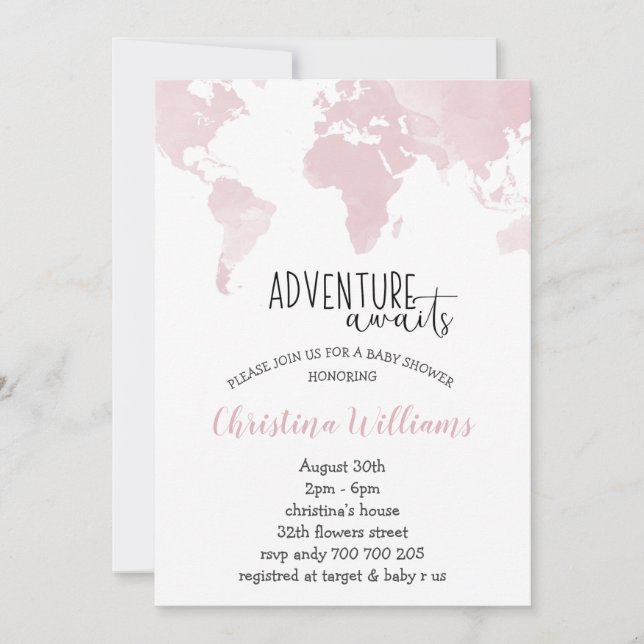 Adventure Awaits Pink World Map Girl Baby Shower Invitation (Front)