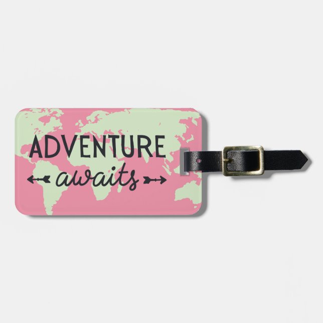 Adventure Awaits Pink World Map Luggage Tag (Front Horizontal)