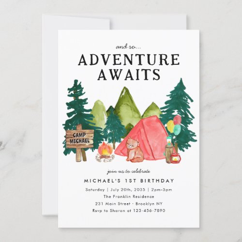 Adventure Awaits Red Tent Bear Camping Birthday Invitation