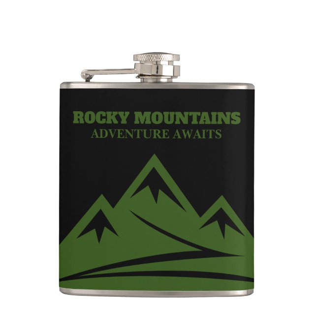Adventure Awaits Rocky Mountains logo custom drink Flask (Front)