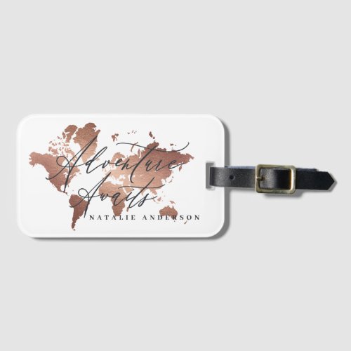 Adventure awaits rose gold watercolor world map luggage tag
