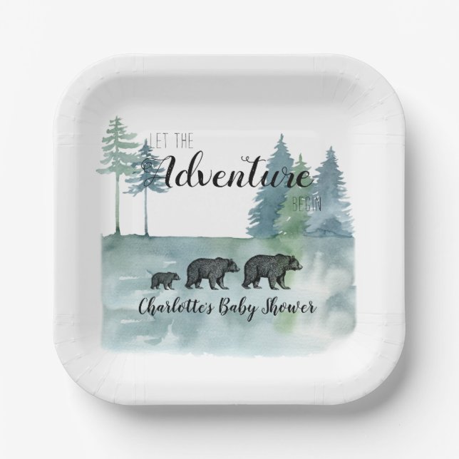 Adventure Awaits Rustic Bears Baby Shower Paper Plates (Front)