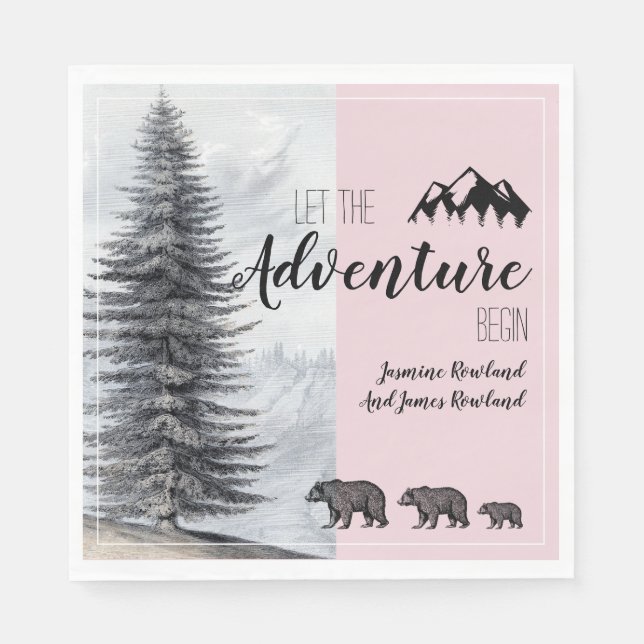 Adventure Awaits Rustic Bears Pink Baby Shower Napkins (Front)
