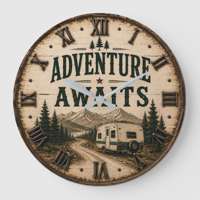 Adventure Awaits Rustic Camper Camping Mountain Large Clock (Front)
