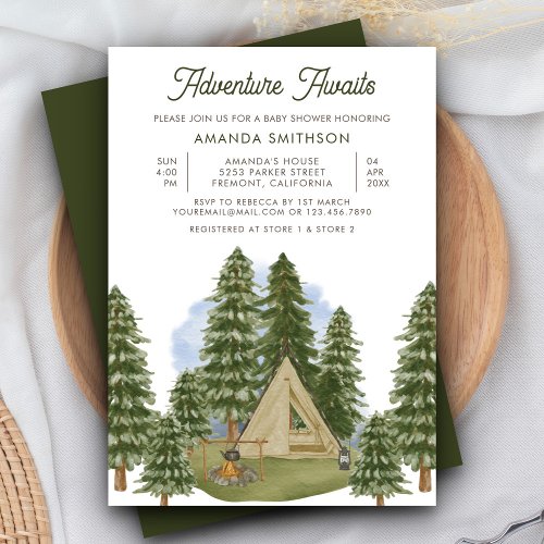 Adventure Awaits Rustic Forest Camping Baby Shower Invitation