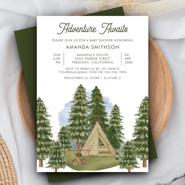 Adventure Awaits Rustic Forest Camping Baby Shower Invitation | Zazzle