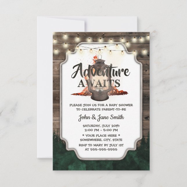 Adventure Awaits Rustic Lantern Forest Baby Shower Invitation (Front)