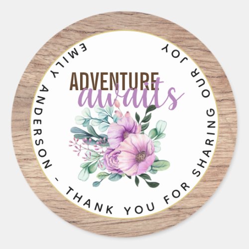 Adventure Awaits Rustic Purple Flowers Baby Shower Classic Round Sticker