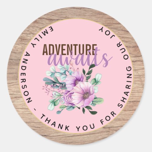 Adventure Awaits Rustic Purple Flowers Baby Shower Classic Round Sticker