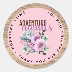 Adventure Awaits Rustic Purple Flowers Baby Shower Classic Round Sticker