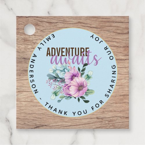 Adventure Awaits Rustic Purple Flowers Baby Shower Favor Tags