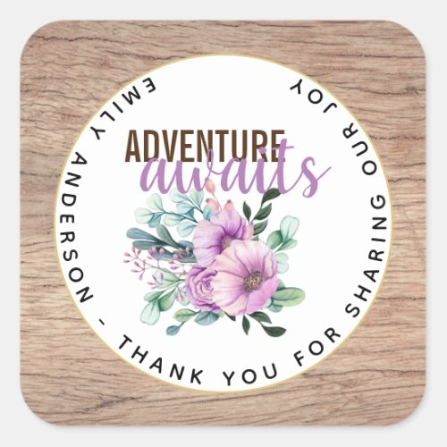 Adventure Awaits Rustic Purple Flowers Baby Shower Square Sticker