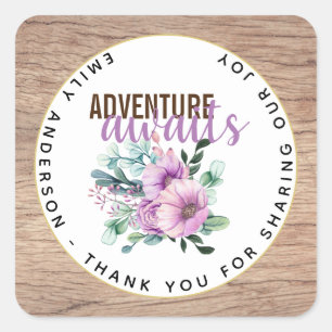 Adventure Awaits Rustic Purple Flowers Baby Shower Square Sticker