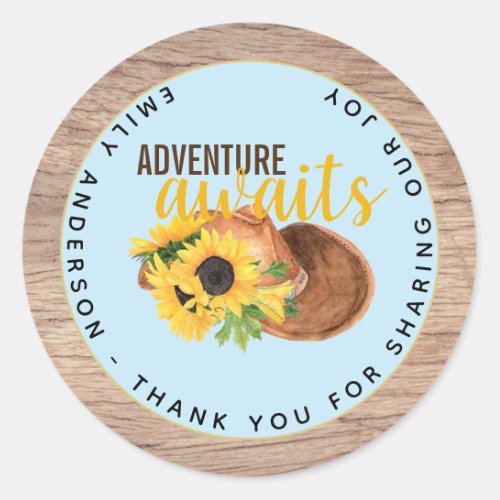 Adventure Awaits Rustic Sunflowers Baby Shower Classic Round Sticker